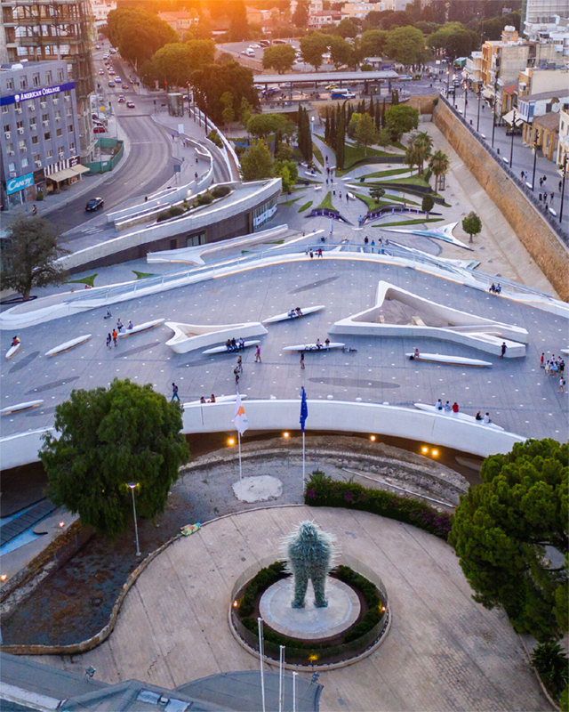 Aerial view of Nicosia with modern architecture and curved streets.