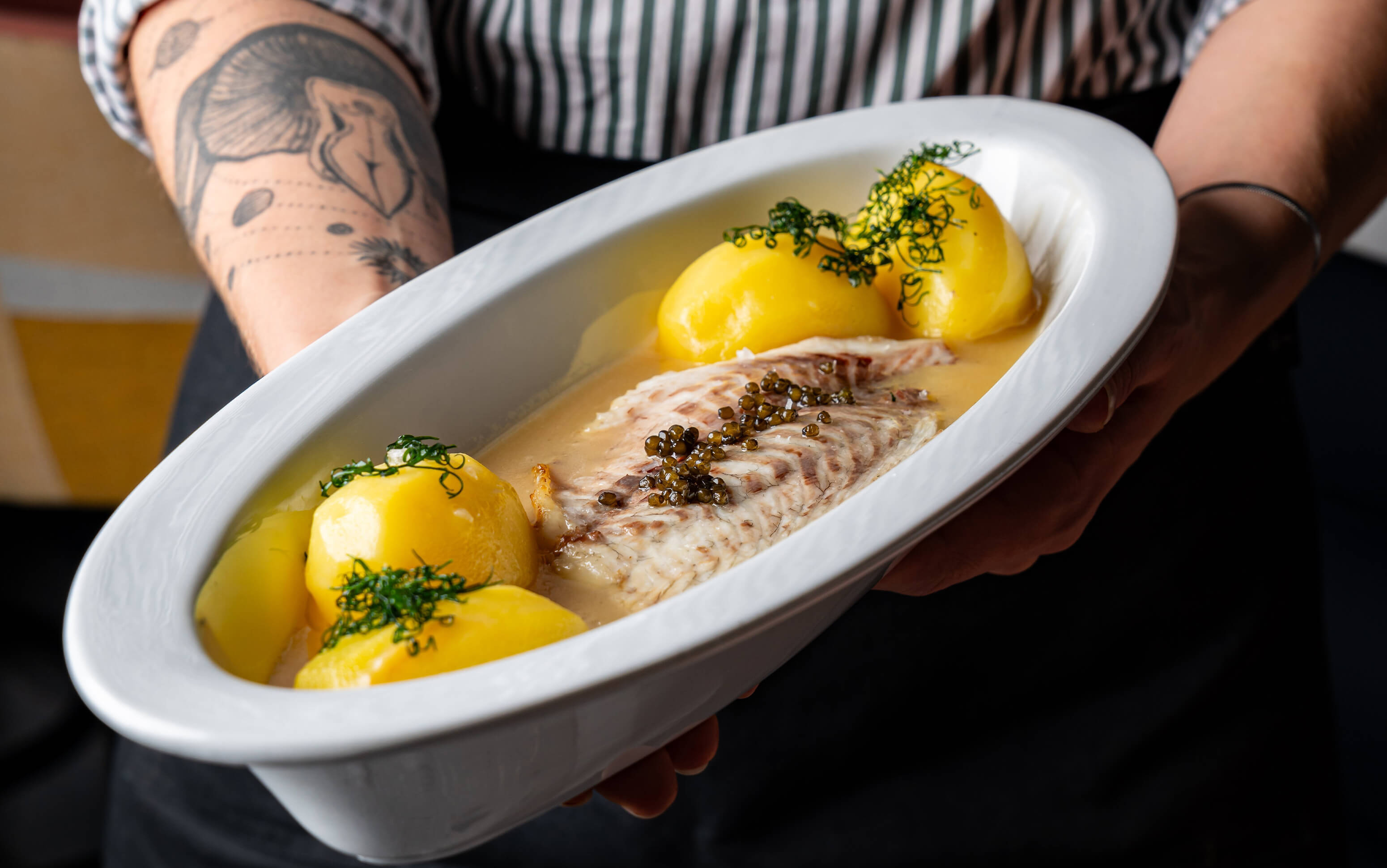 Fish fillet served with yellow potatoes and herbs in white bowl.