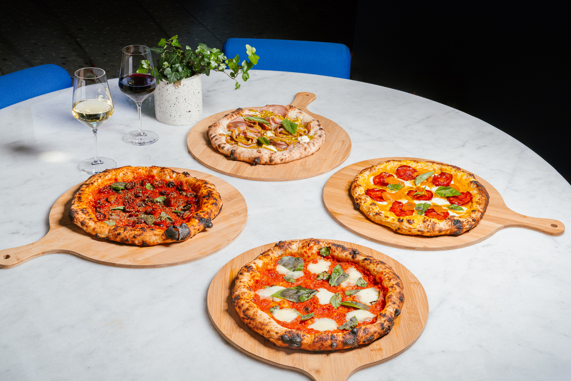 Neapolitan craft pizza selection with wine at SCALE Restaurant, MAP Boutique Hotel Nicosia